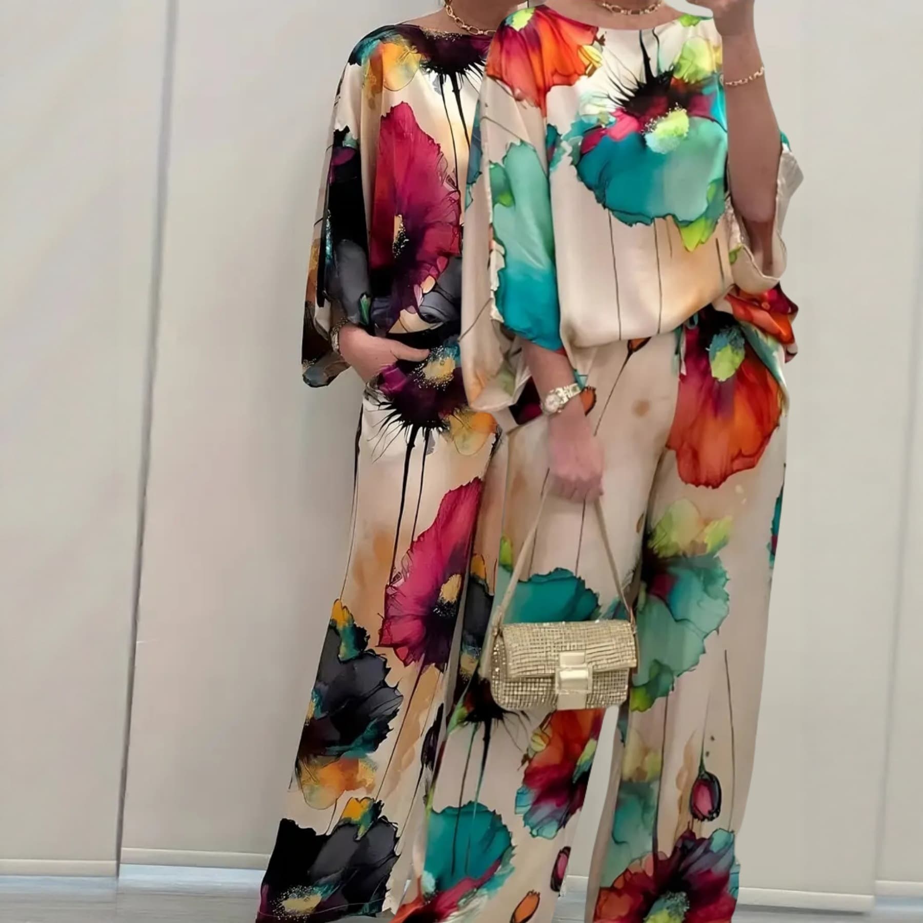 2025 Cross-Border TEMU Best Seller European and American Satin Floral Print Batwing Sleeve Loose Top Wide-Leg Pants Set