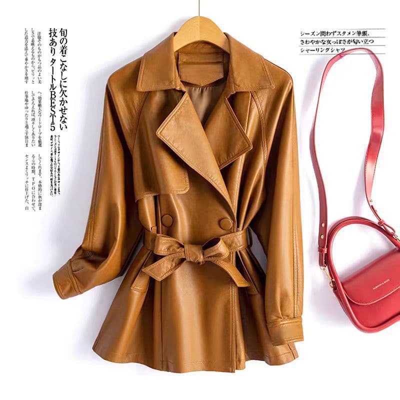 New Women PU Leather Jacket Short Tie Waist Trench Coat Autumn Spring Fashion Elegant Big Lapel Leather Jacket