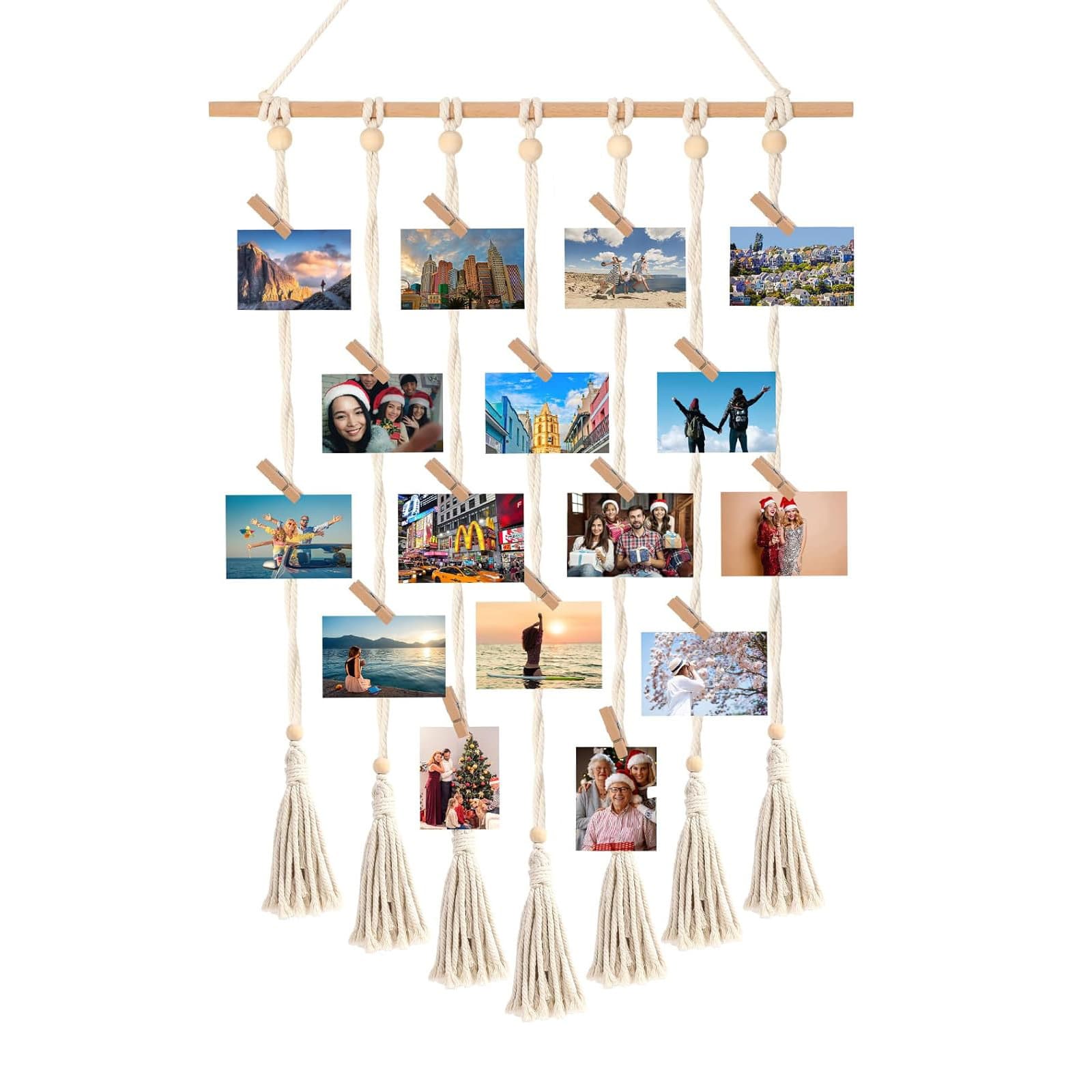 Photo holder, woven cotton rope, wooden stick decorative storage tapestry, home hanging photo rack, wall hanging tapestry