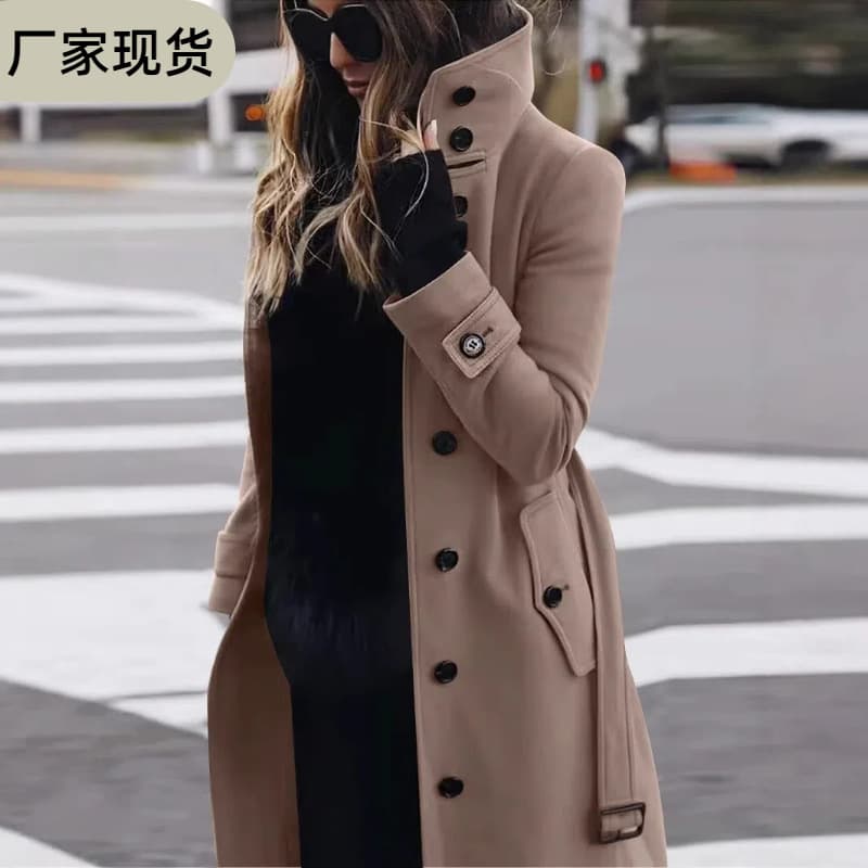 Cross-border Foreign Trade Amazon 2025 Autumn and Winter New Slim-fit Wool Coat Women's Jacket Solid Color Women's Coat