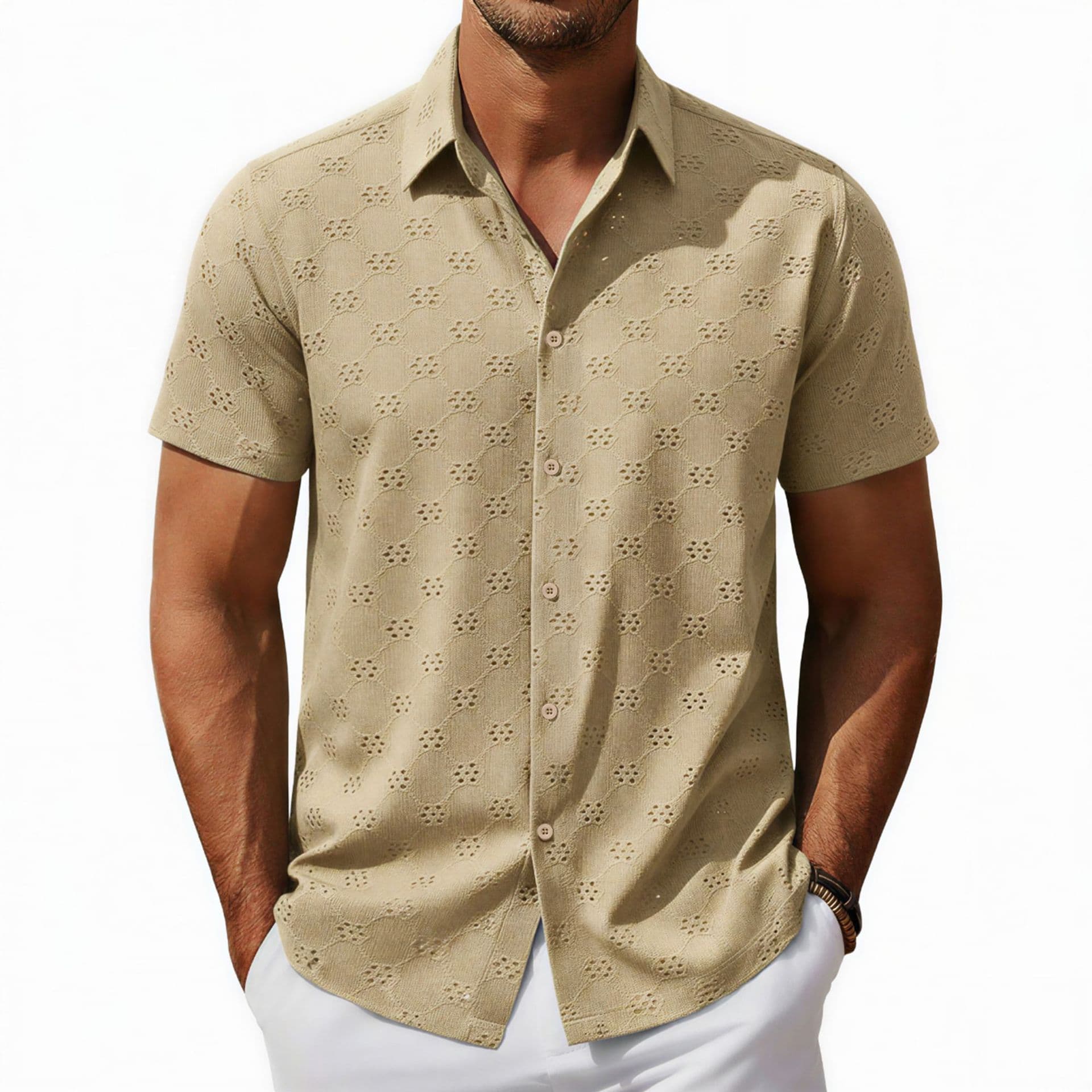 Amazon foreign trade men's clothing European and American sexy hollow jacquard shirt summer casual short-sleeved lapel shirt A0401