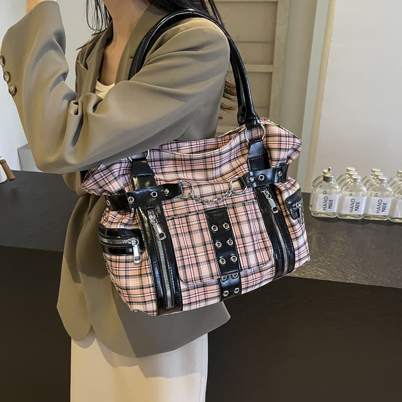 Crossbody Motorcycle Rivet Cinched Waist Women's Bag, New Casual Women's Tote Bag, Large Capacity, Can Be Worn Crossbody or Handheld, School Bag