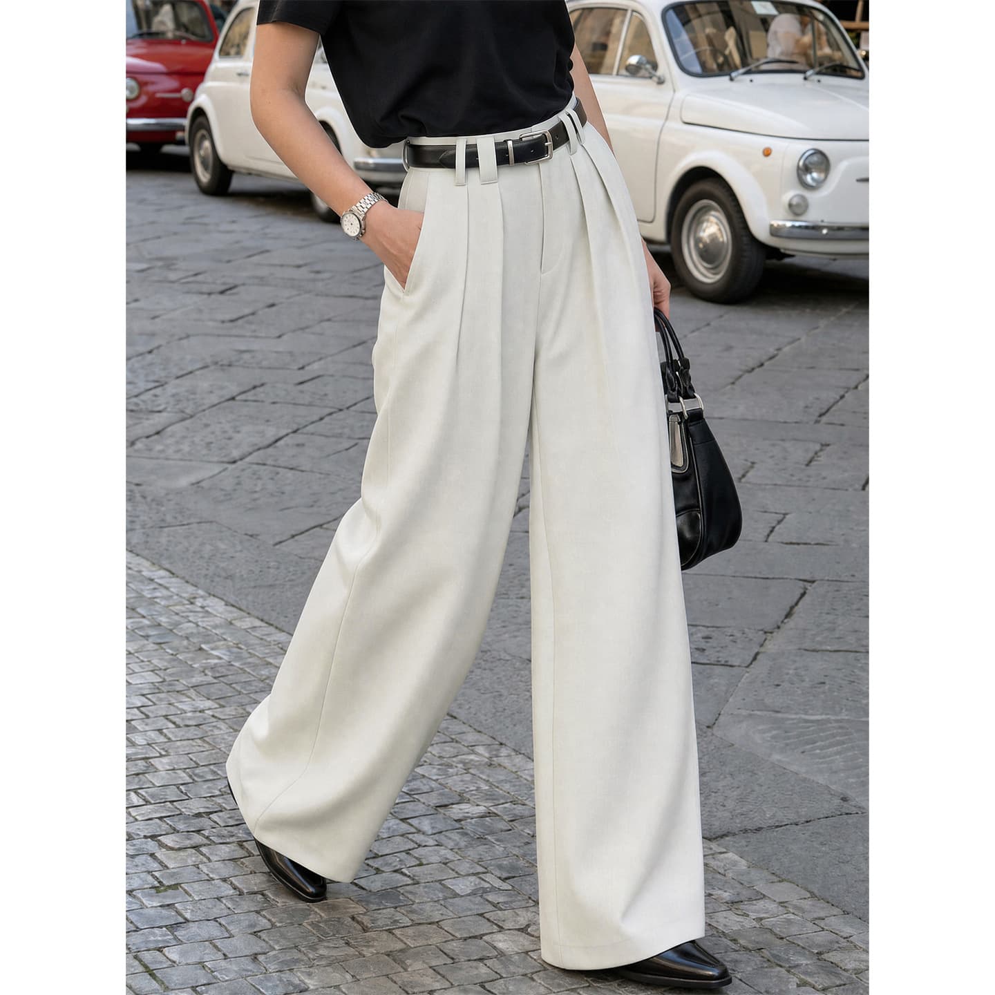 Han Lu | Double pleated Korean high-waisted white wide-leg suit pants for women in autumn silhouette loose and drapey casual long pants