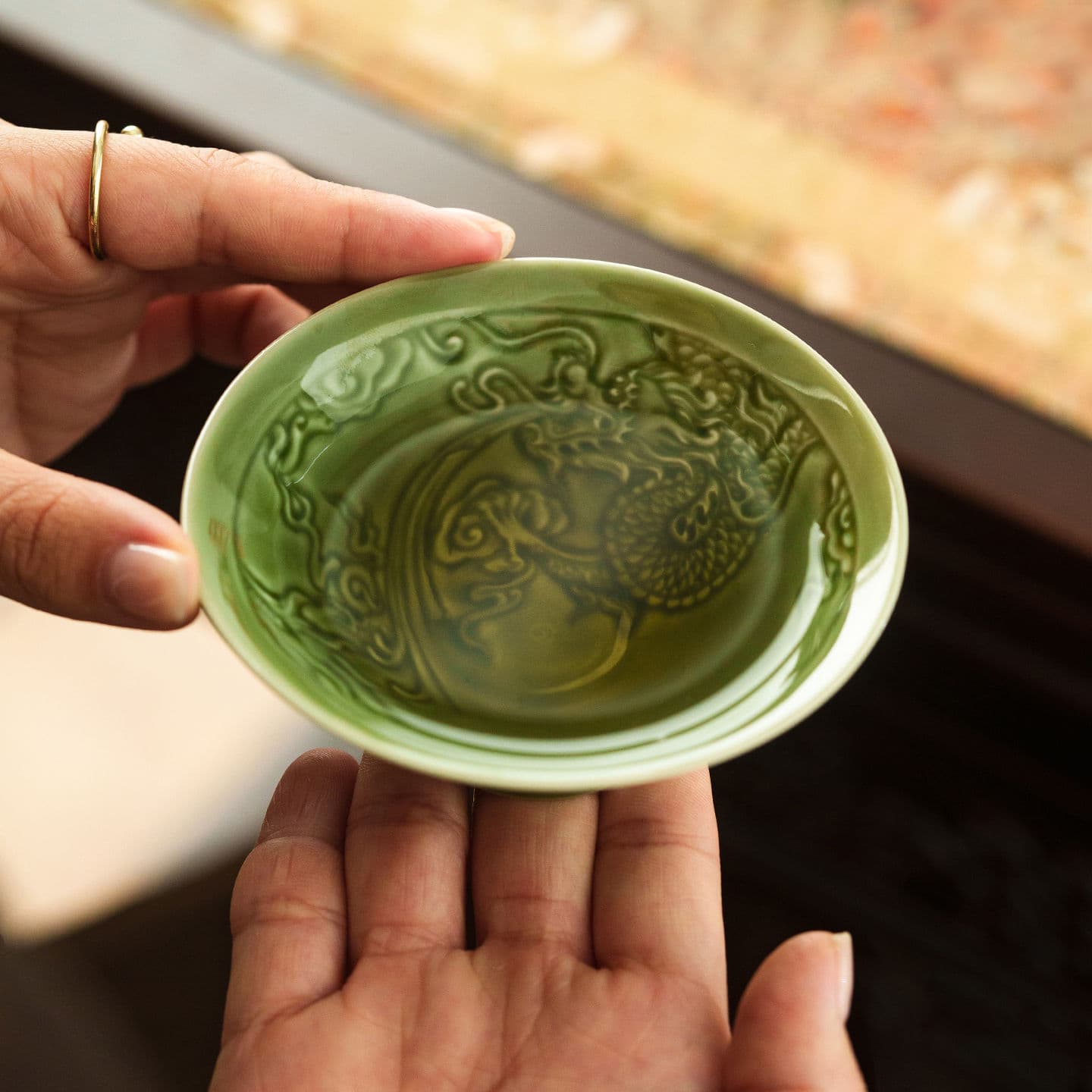 Celadon Yin Carved Dragon and Phoenix Cup Ceramic Tea Set, Home Tea Cup, Owner's Cup, Personal Tea Tasting Cup, Premium Tea Bowl