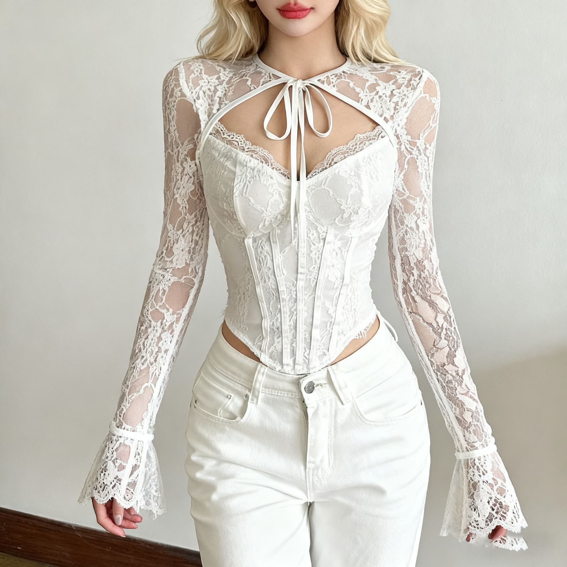 Chunqiu Sweet & Spicy Hollow-out See-through Lace Long-sleeve Top for Women, Designer Short Crop Top