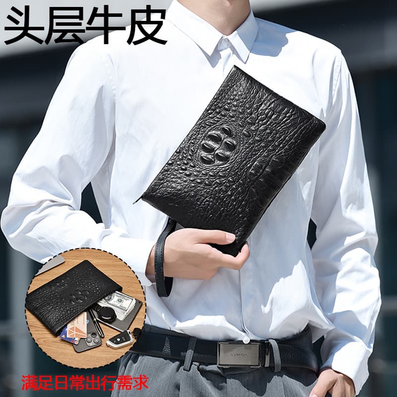 Men's Top Layer Cowhide Crocodile Texture Clutch Bag, Genuine Leather Casual Envelope Handbag, Cowhide Wallet
