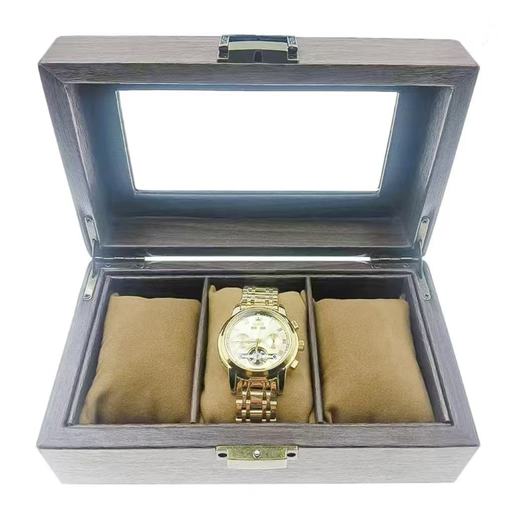 Cross-border hot selling 3-digit wood grain PU leather window glass watch jewelry storage gift box bracelet ladies mechanical watch