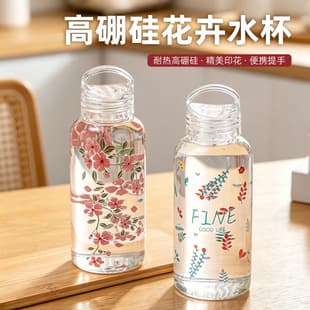 Creative Printed Borosilicate Glass Water Cup with Handle Ring Summer Large Capacity Portable Outdoor Water Cup Simple Casual Cup