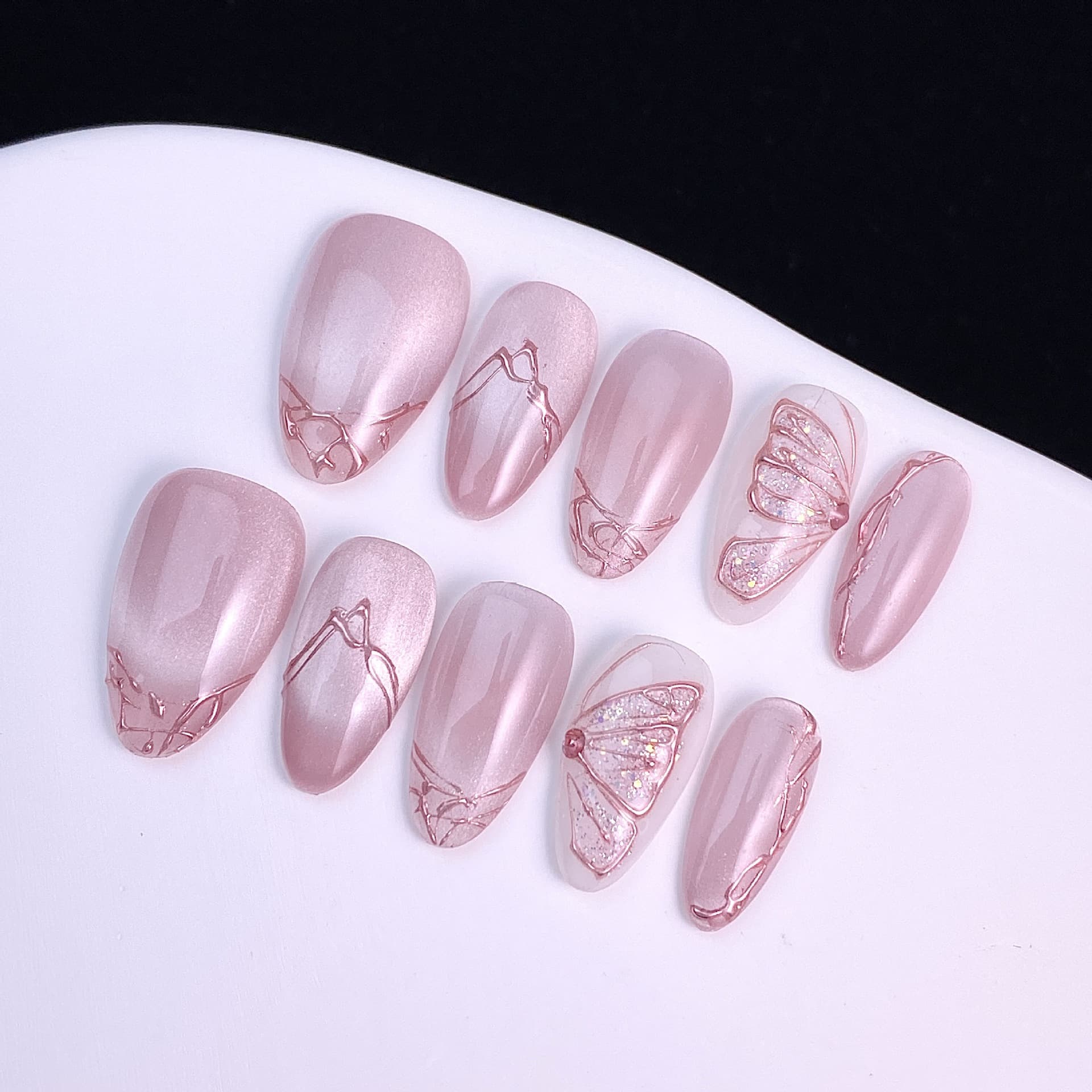 New Handmade Short Almond Press-On Nails with Rhinestones Hand-Painted Butterfly Nail Tips High-End Cross-Border Handcrafted