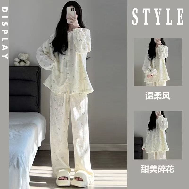 Women's Cloud Cotton Long Sleeve Notched Collar Pajama Set - Spring Summer Casual Homewear with Long Pants