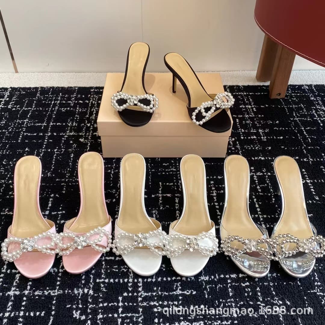 High Quality 2025 New Silk Satin Pearl Bow Thin Heel Open Toe High Heel Sandals