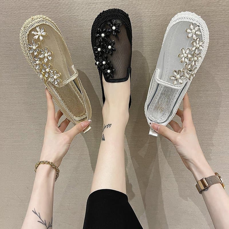 2023 Summer Organza Mesh Women's Shoes Internet Celebrity Round Toe Rhinestone Flat Bottom Toe Sandals Peas Loafers Single Shoes