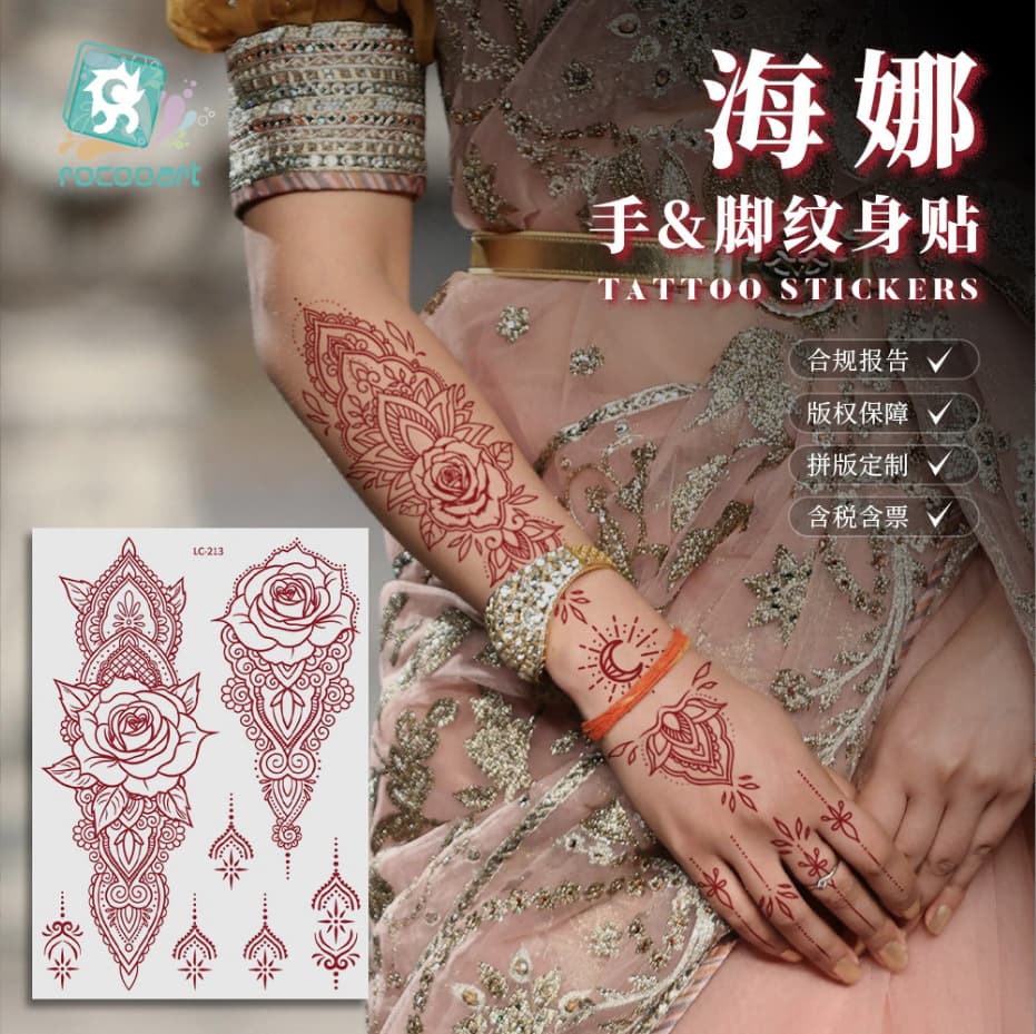 New cross-border red henna lace tattoo stickers, high-end Indian simulation temporary tattoo stickers on the back of the hand, in stock