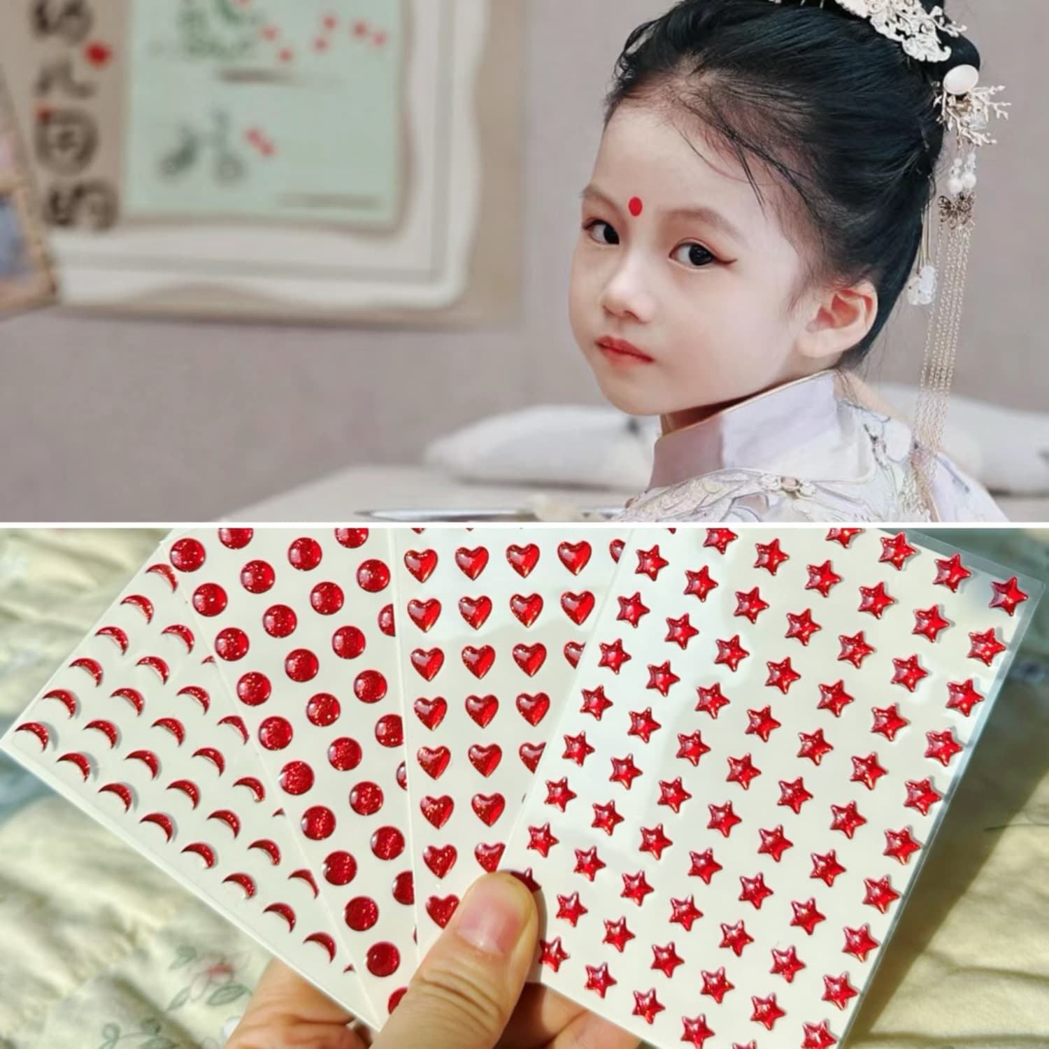 Red Dot Forehead Beauty Mark Sticker for Kindergarten Kids, Baby Center Dot, Ancient Costume Heart, Five-Pointed Star