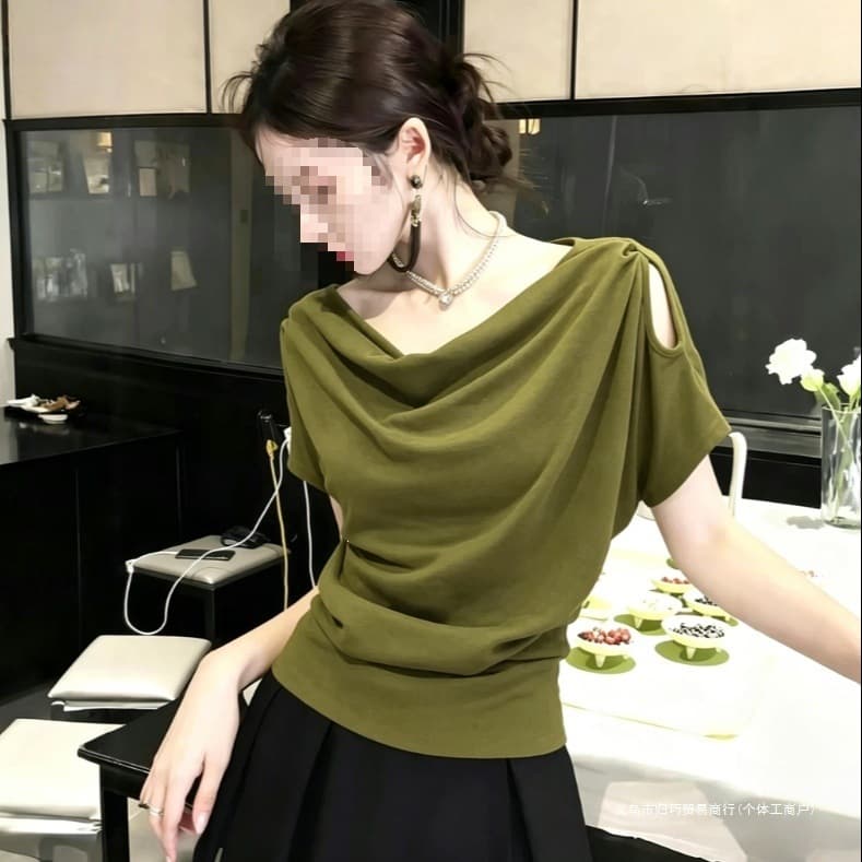 Summer new style swung collar, off-shoulder short-sleeved T-shirt for women, fashionable, slim-fitting, flesh-covering, temperament and versatile design top