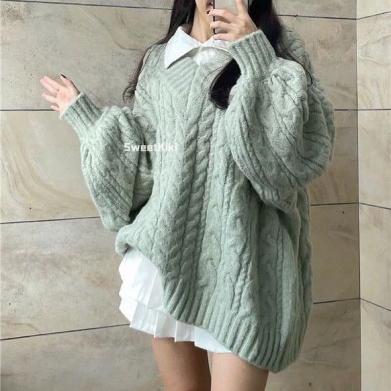 Lazy Vintage Thick Collar Loose Gray Cable Knit Sweater for Women, Autumn/Winter Korean Style Versatile Knitwear Trend