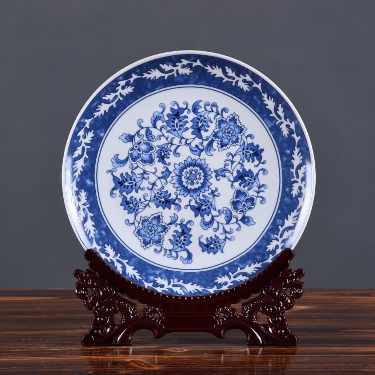 Antique-style Blue and White Porcelain Craft Ornament, Ceramic Home Decor Plate, Wall Hanging Plate, Office Commemorative Plate with LOGO
