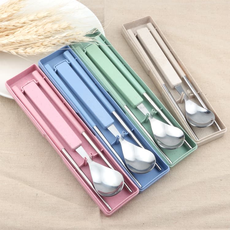 Wheat Straw Square Handle Spoon and Chopsticks, Stainless Steel Portable Utensil Set, Children's and Student Giftware