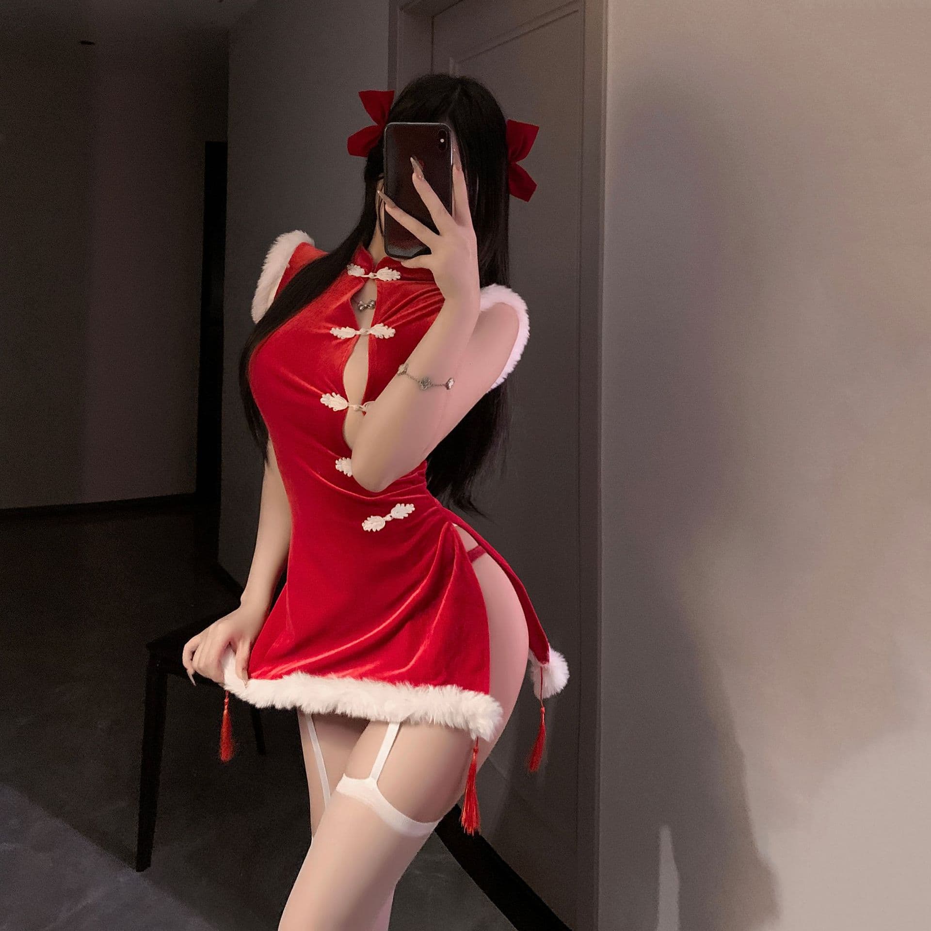 Lingerie Velvet Christmas Cheongsam Sexy Chinese Style Role Play New Year Battle Robe Set Passionate Backless Uniform
