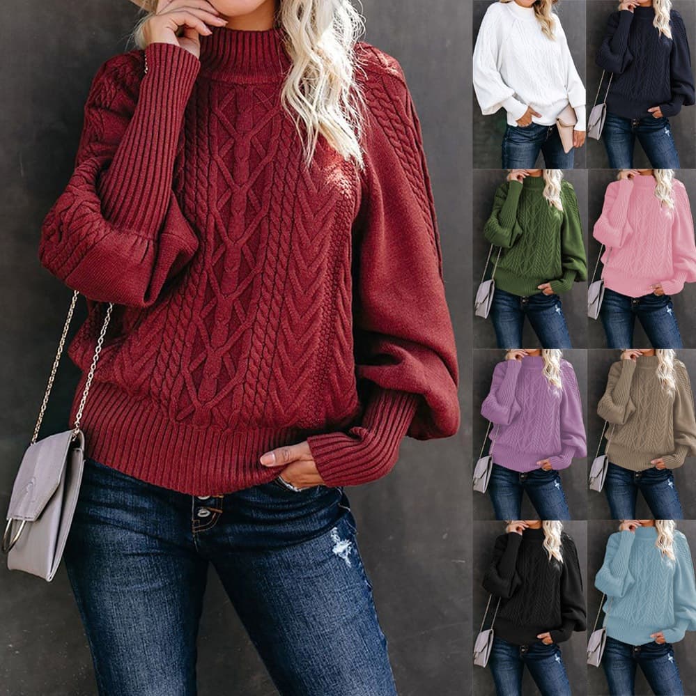 wish2023 new winter mid-collar sweater for women Amazon foreign trade loose long-sleeved knitted solid color sweater