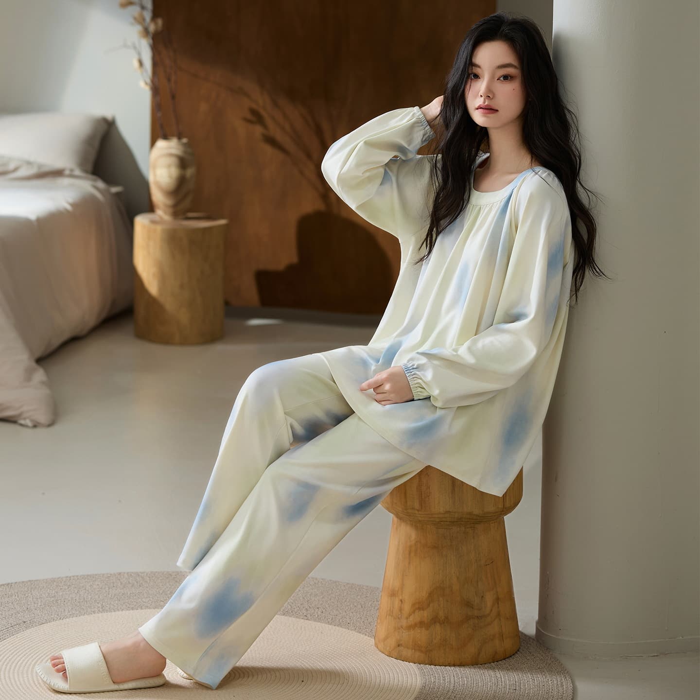 7A Antibacterial Soft Cotton Plus Size Pajamas for Women, Autumn/Winter Long Sleeve Round Neck, Soft Skin-Friendly Cotton Homewear Set