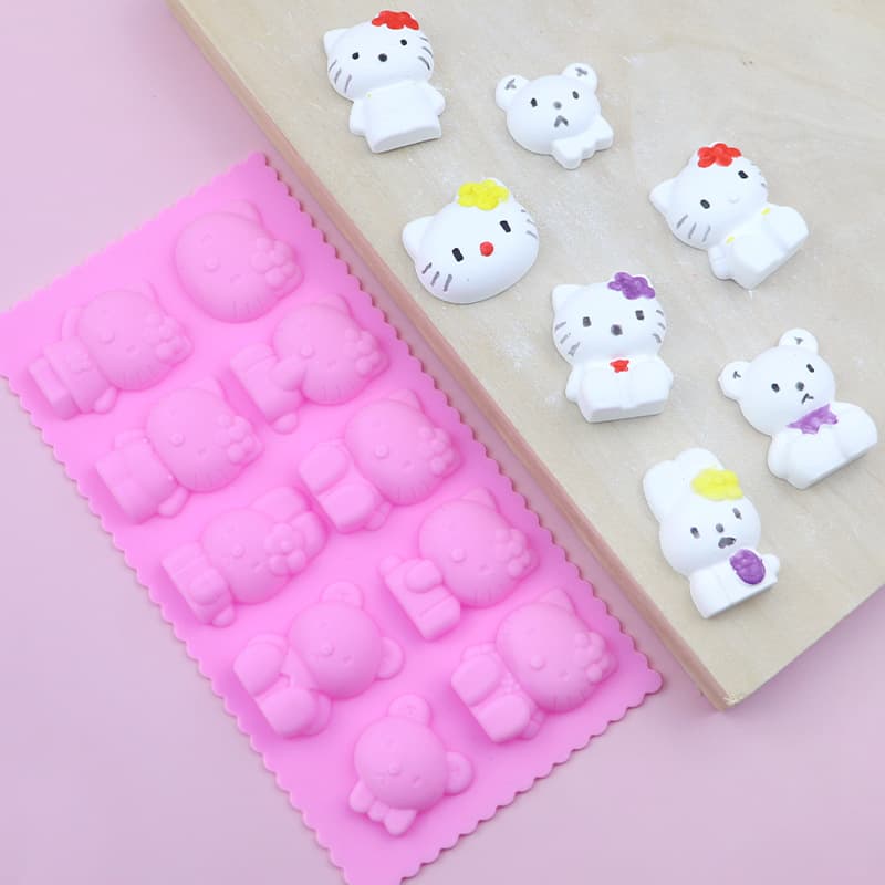 Xunwei In Stock 10-Connector Scalloped Cartoon Cat Silicone Soap Mold Chocolate Mold Wax Seal Bead Mold