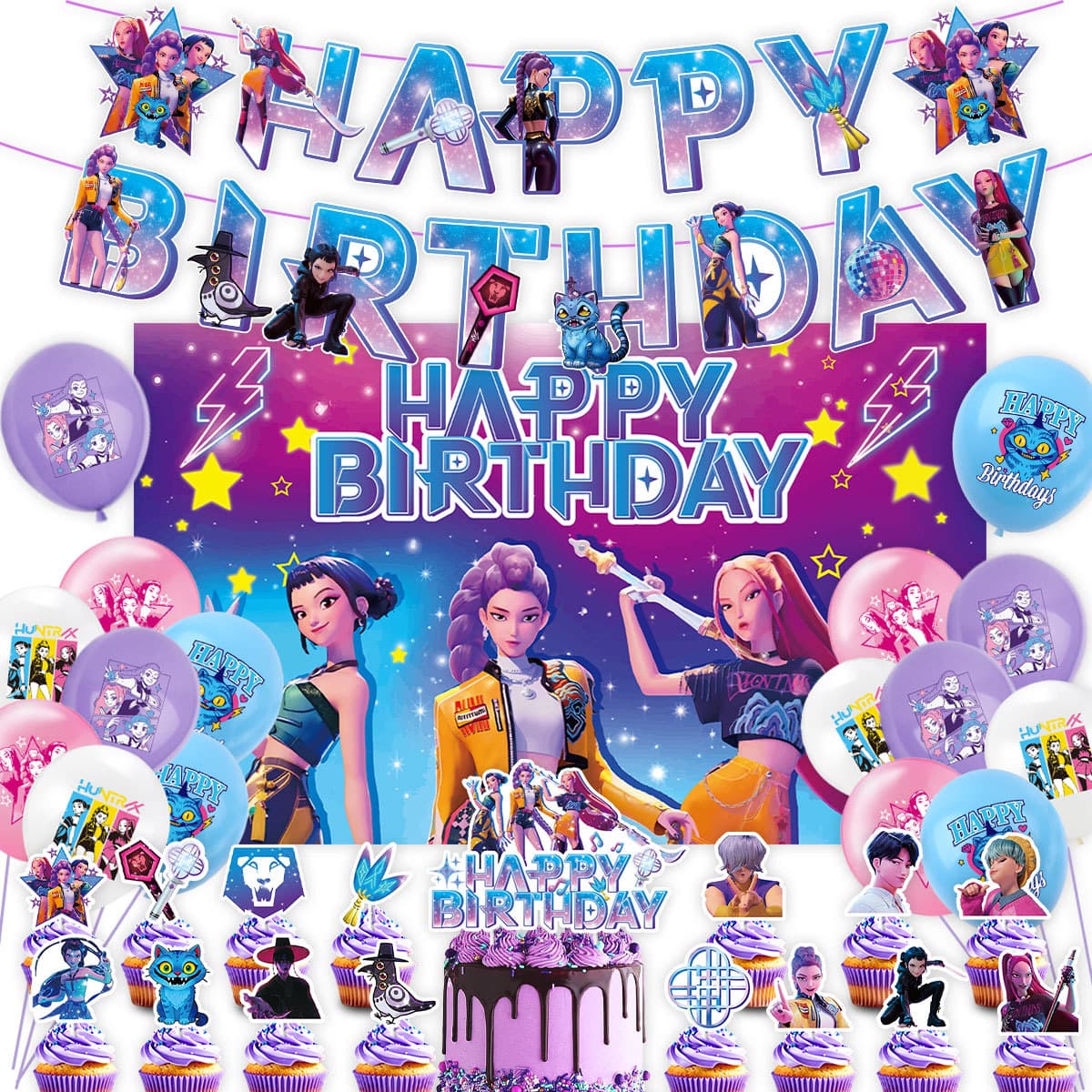 Huntrix Theme Birthday Party Decorations, Girl Group Birthday Banner, Cake Topper, Balloons, Backdrop Set