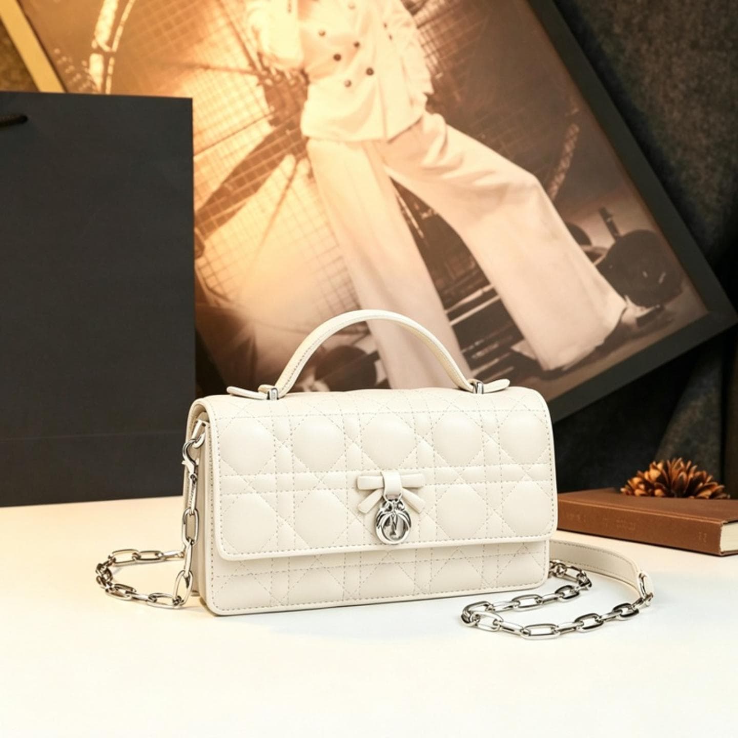 D's 2026 New Bow Chain Bag Diamond Quilted Chain Shoulder Handbag Crossbody Bag Simple Premium Style