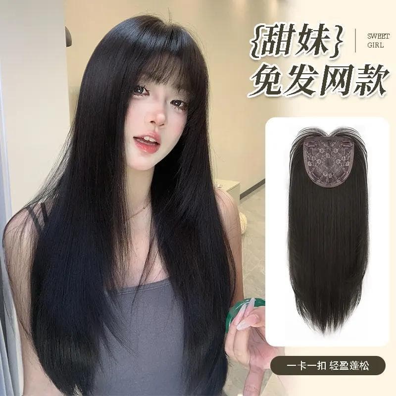 No-Net Wig for Women Long Straight Hair Fashion Invisible Ultra-Thin Breathable Top Hairpiece for Volume