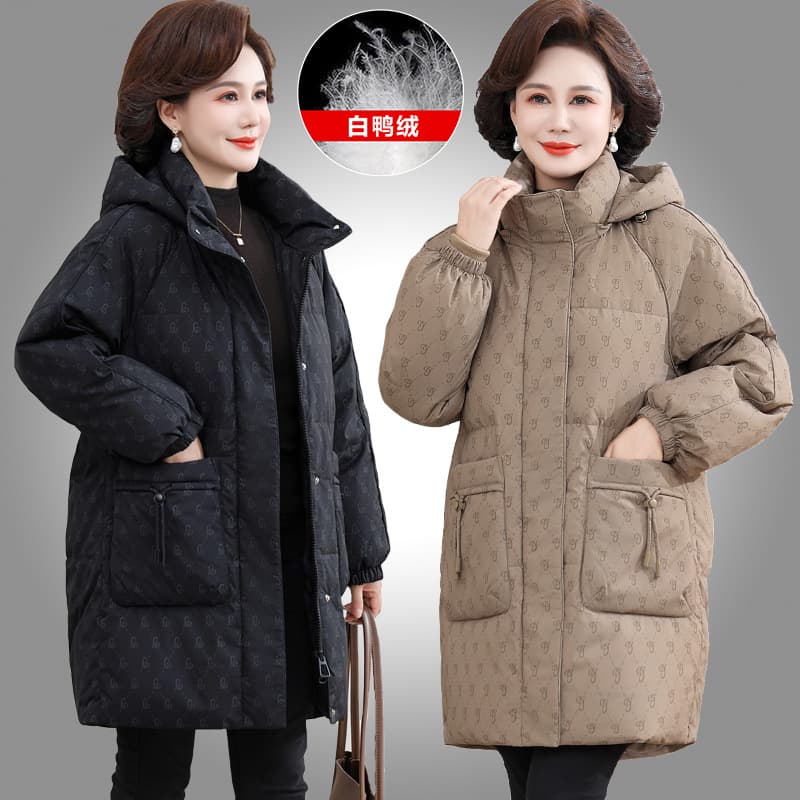 Middle-aged and elderly women's mid-length down jacket, cold-proof warm white duck down thickened winter coat for 50-60 year old moms.