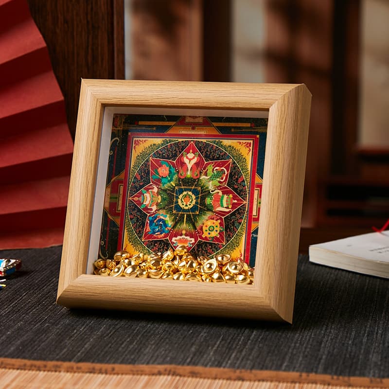 Tibetan cultural and creative Thangka photo frame ornament with auspiciousness and wealth, featuring the Kalachakra mantra in black and gold, perfect for living room decoration.