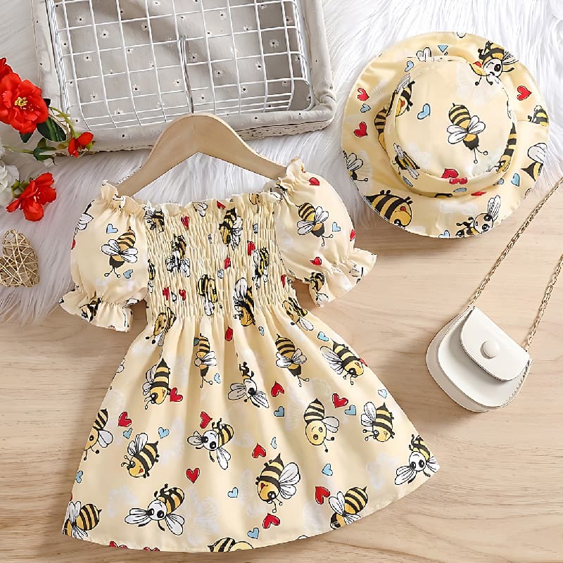 0-3 Year Old Girl Bee Print Princess Dress Two-Piece Set, Includes Cute Hat and Matching Dress