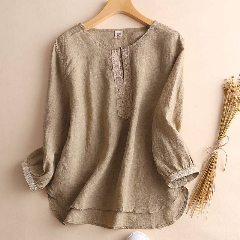 Artistic Vintage Loose Casual Medium-Sleeve T-Shirt, Spring/Summer New Long-Sleeve Plus Size Women's Cotton Linen Short-Sleeve Top