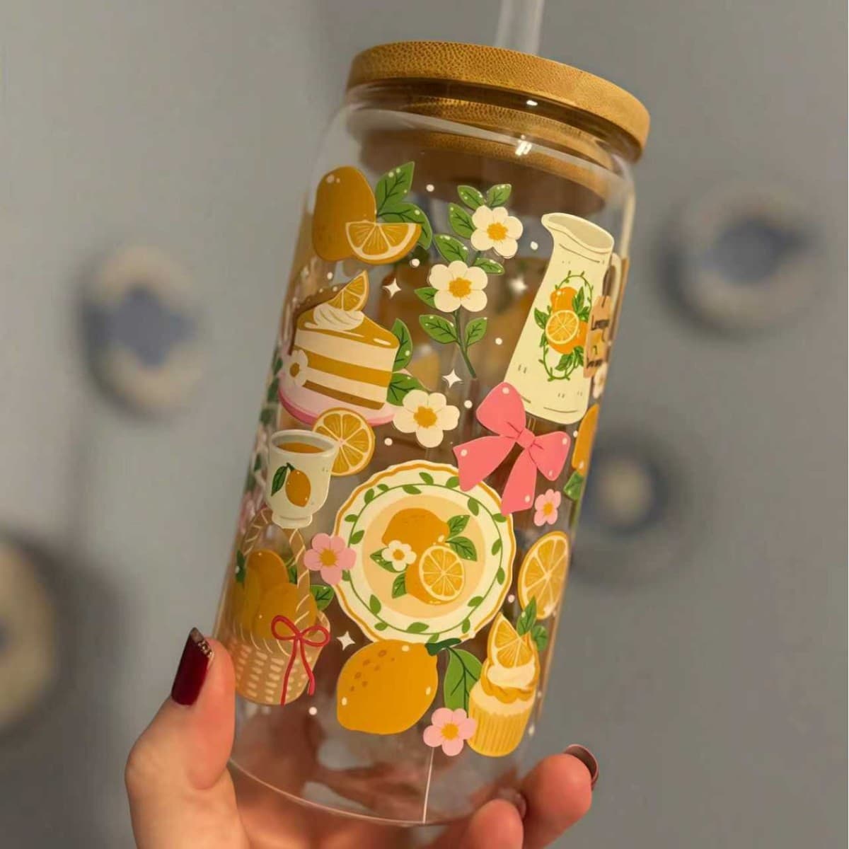 Borosilicate Glass Cup with Lid, Cola Cup with Straw, Transparent Printed Design, High-Temperature Resistant, Home Use Milk Tea Cup