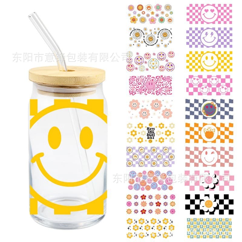 New Smiley Face UV DTF Crystal Clear Transfer Stickers Cute Cartoon Waterproof Glass Cup Decals Wholesale