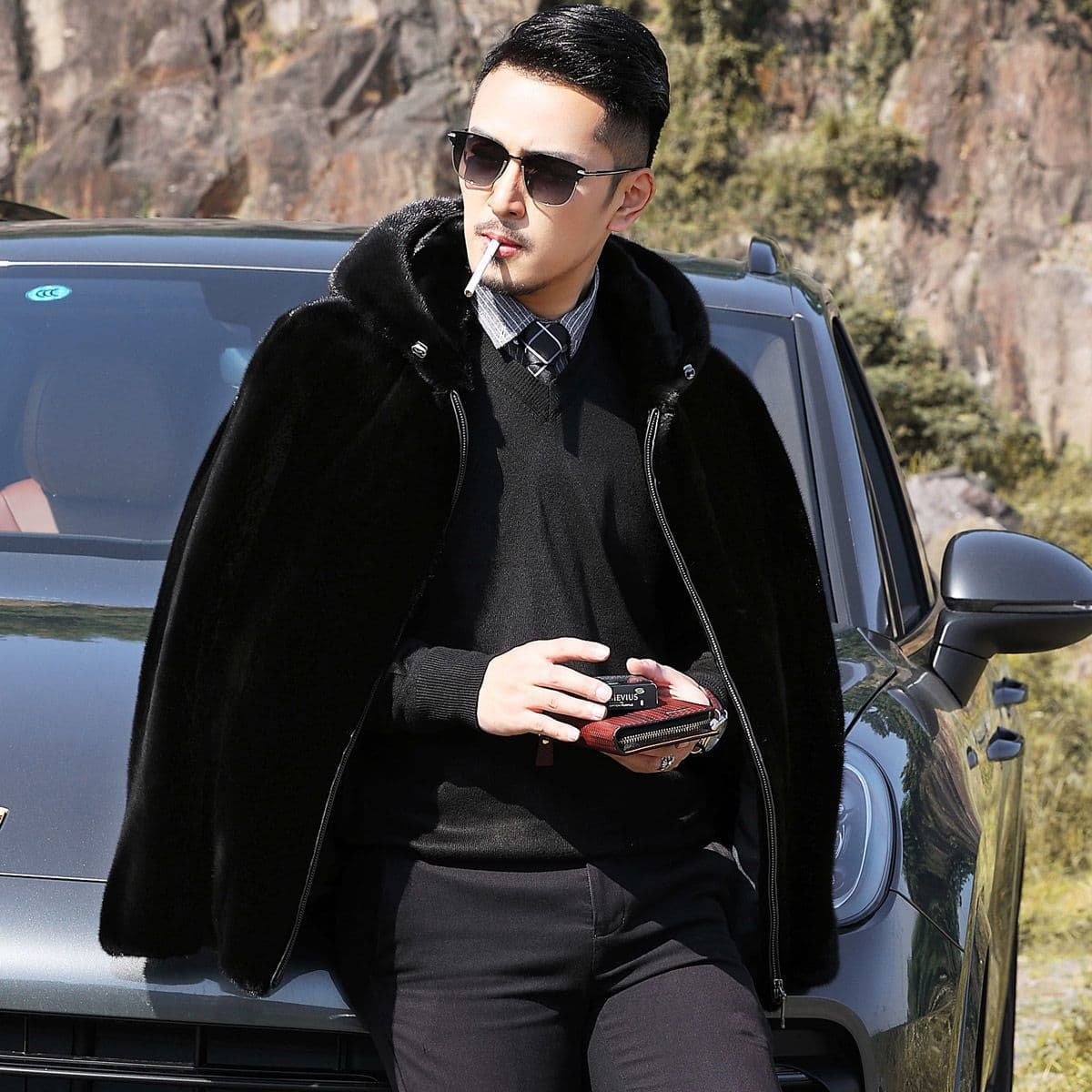 Winter imitation velvet imitation mink coat men's leather short imitation fur hooded thick imitation fur coat