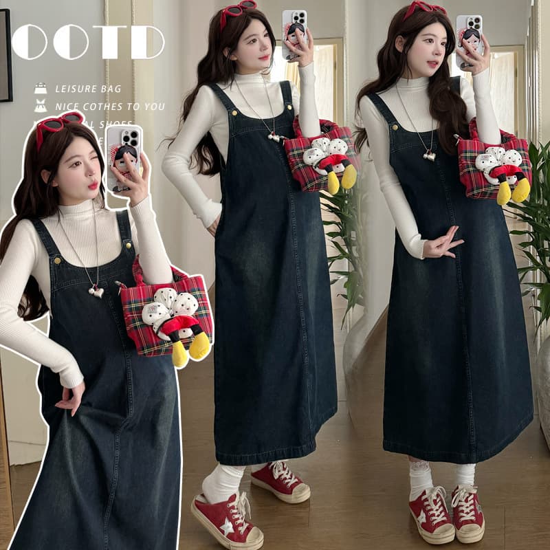 Trendy Maternity Fall Gradient Denim Overalls with Knit Top Two-Piece Set, Stylish Maternity Denim Dress