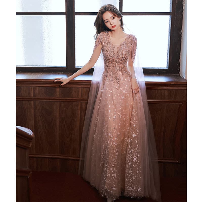High-end Long Evening Gown with Heavy Craftsmanship, Suitable for Banquets and Daily Wear, Starry Sky Style, Elegant Hostess Dress
