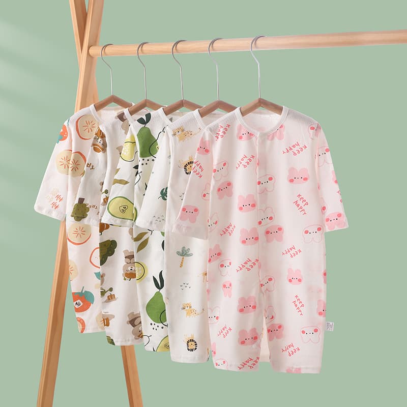 Baby Jumpsuit Cotton Summer Newborn Thin Pajamas Long Sleeve Air Conditioning Closed Crotch Clothes Crawling Clothes