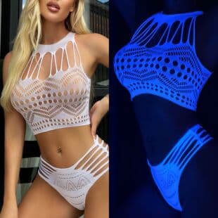 European and American Alluring Fluorescent Glow-in-the-Dark Hollow Knit Two-Piece Bikini Fishnet Lingerie for Women