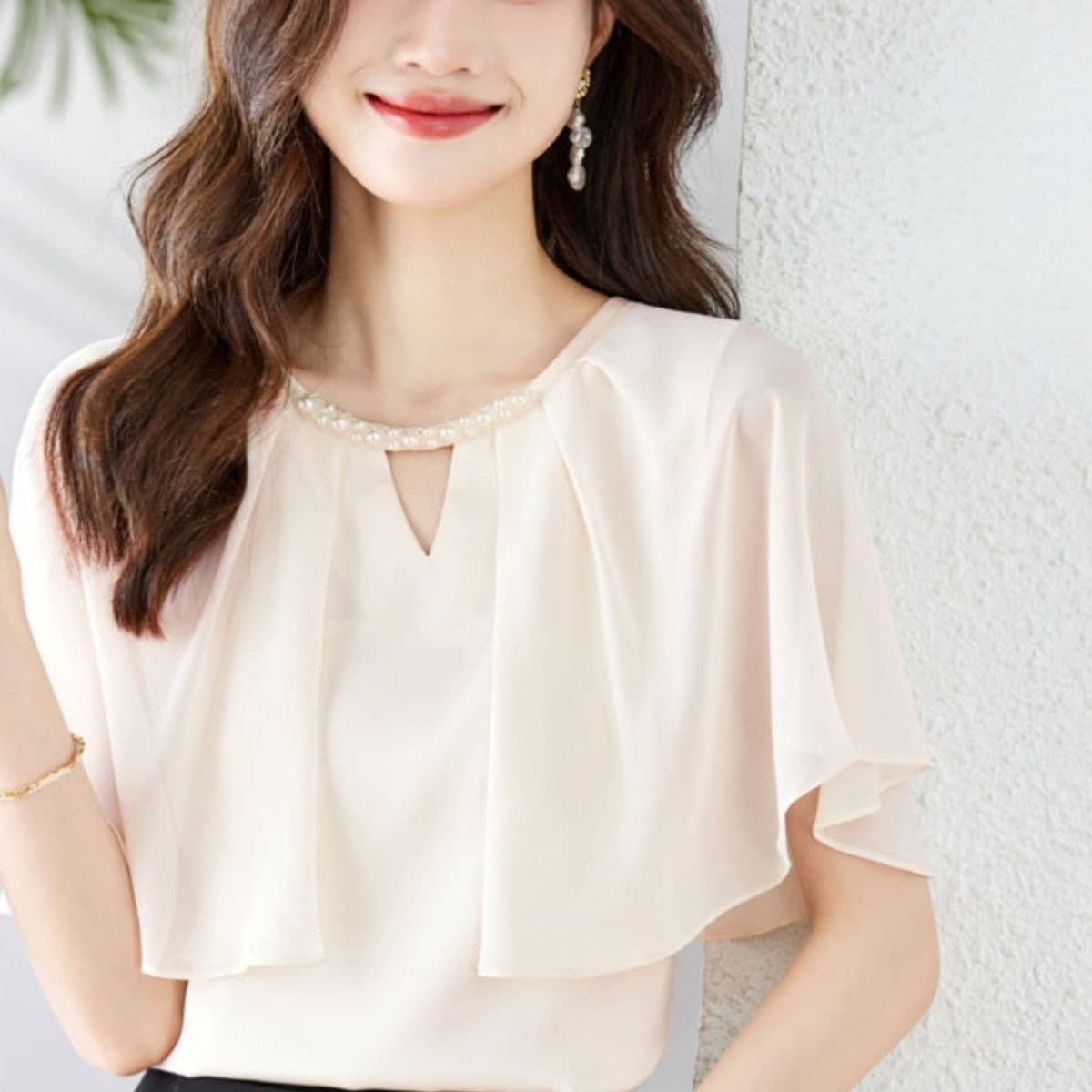 2025 Summer New Batwing Sleeve Short Sleeve Chiffon Blouse for Women, Fashionable Shirt, Loose Fit, Slimming, Tummy Cover Style