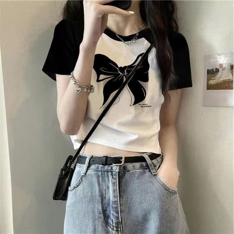 High Quality Trendy White Short Sleeve T-Shirt for Women, Summer 2024 New Style, Slim Fit Contrast Color Top, Ins Fashion