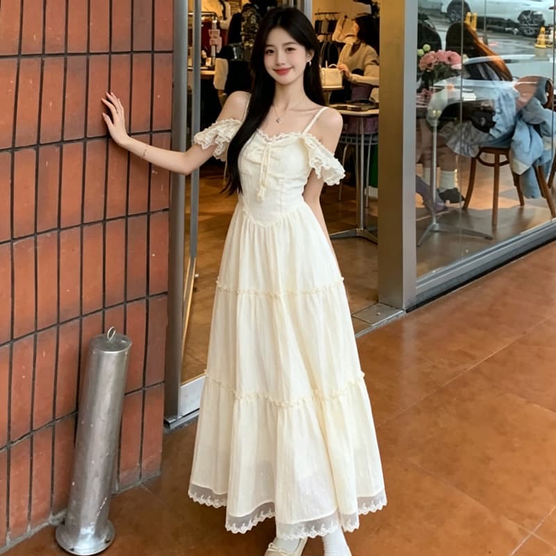 French off-shoulder suspender lace lace fungus dress for women summer gentle style solid color waist A-line long skirt