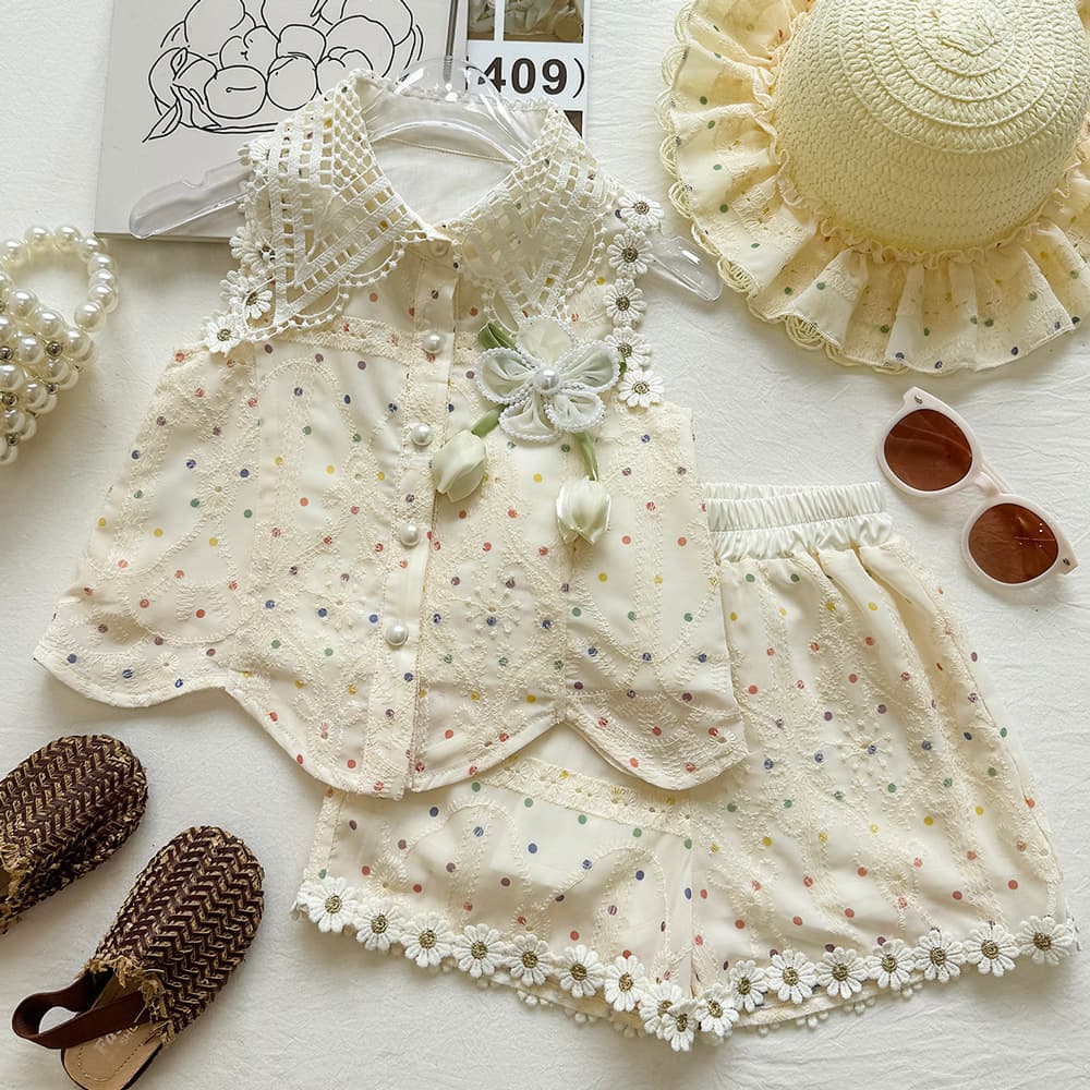 Girls Colorful Polka Dot Hollow Lapel Sleeveless Vest Set Summer Tulip Flower Elastic Shorts Two-piece Set