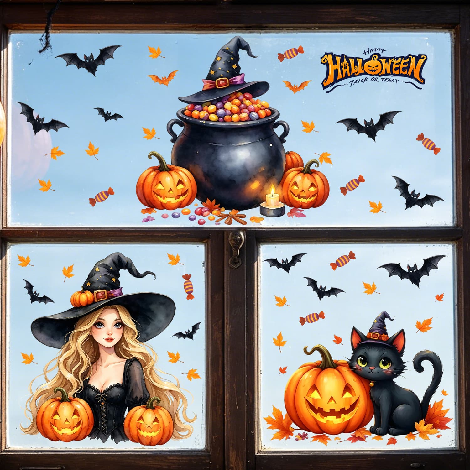 Watercolor style Halloween theme combination window stickers self-adhesive removable living room balcony floor-to-ceiling windows festive atmosphere decorative stickers