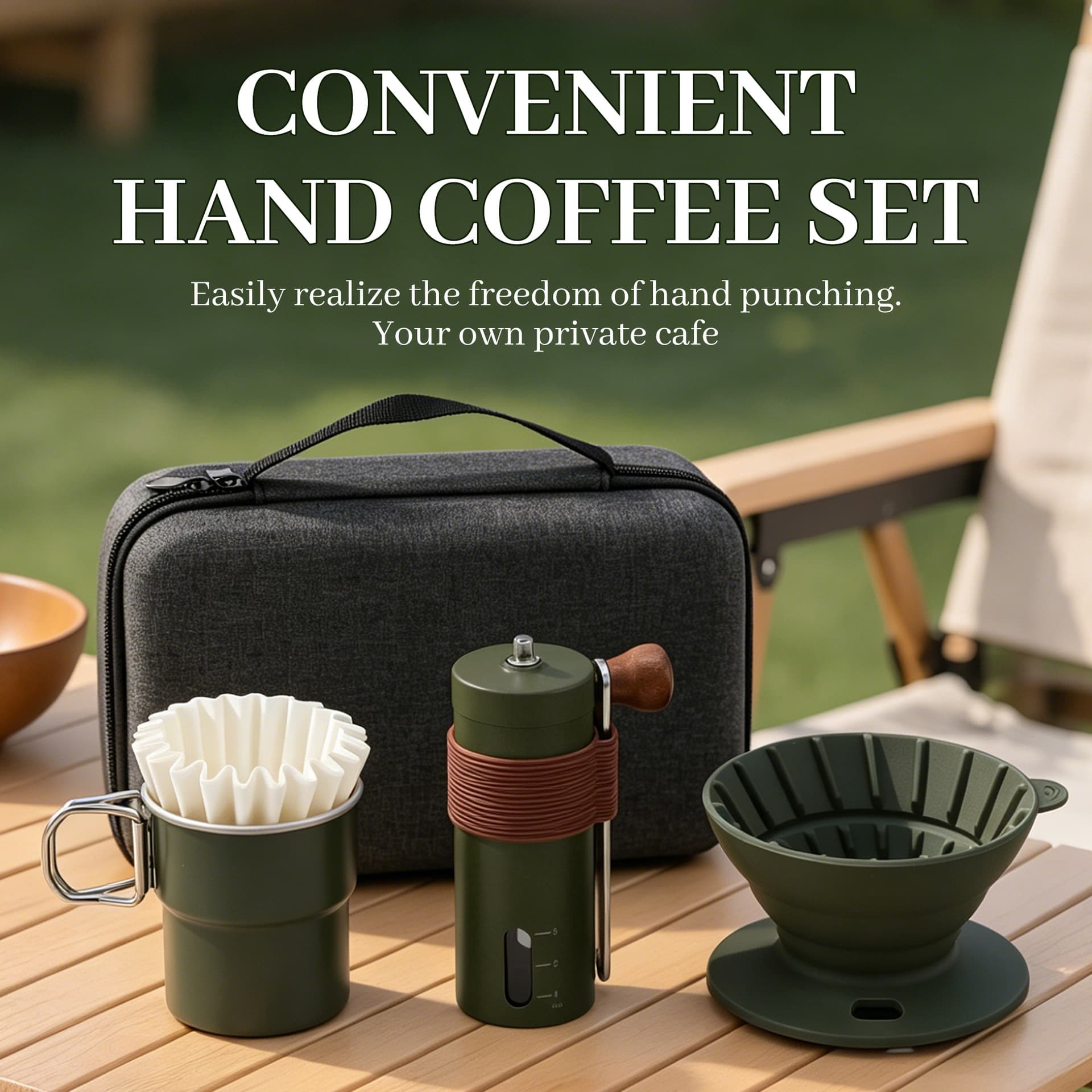 Cross-border outdoor portable hand-brewed coffee set, hand-ground coffee pot, folding cup, full set of storage gift box, coffee utensils