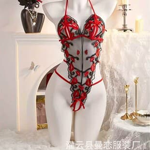 Manlian New First-hand Supply Foreign Trade Sexy Lingerie Women's Lace Mesh Red Lips Embroidery Lace Bodysuit