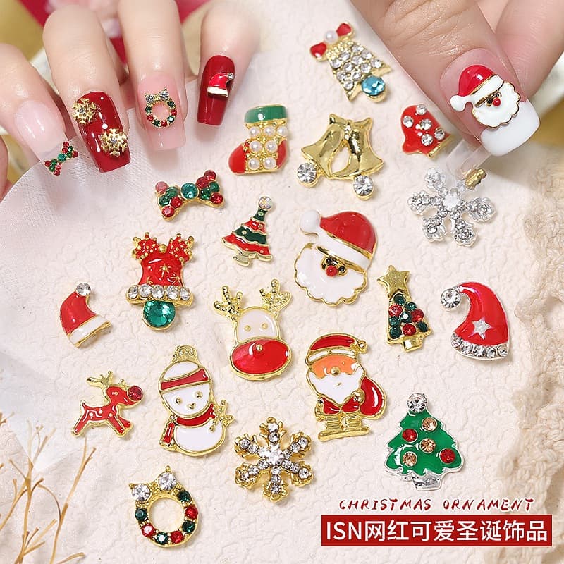Wholesale New Christmas Alloy Nail Art Accessories Cartoon Santa Claus Bell Elk Snowflake Diamond Nail Accessories