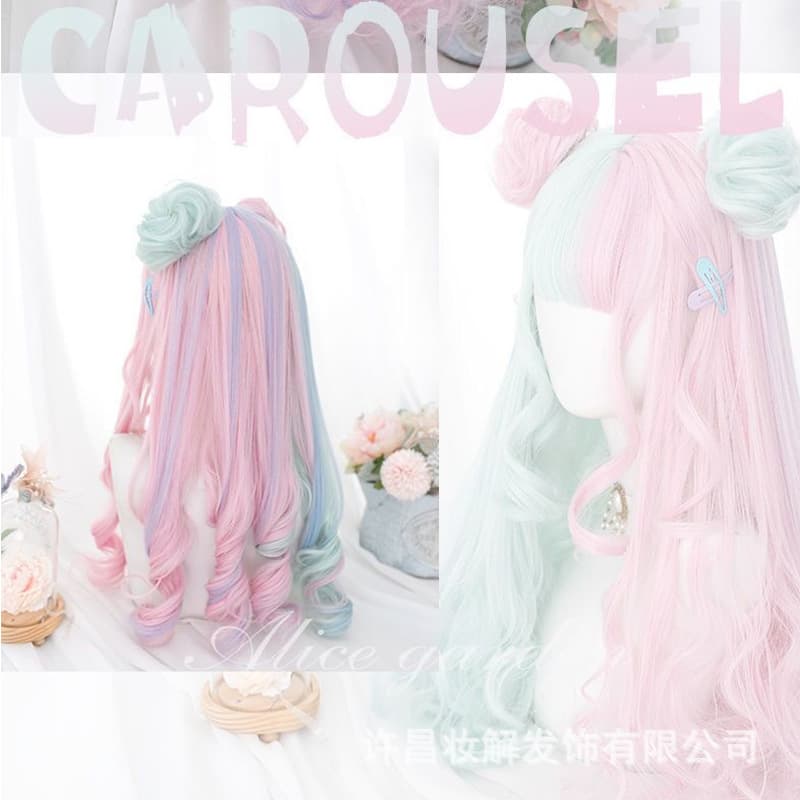 Export Stock Harajuku Soft Girl Lolita Wig Long Curly Cosplay Wig Colorful Bangs