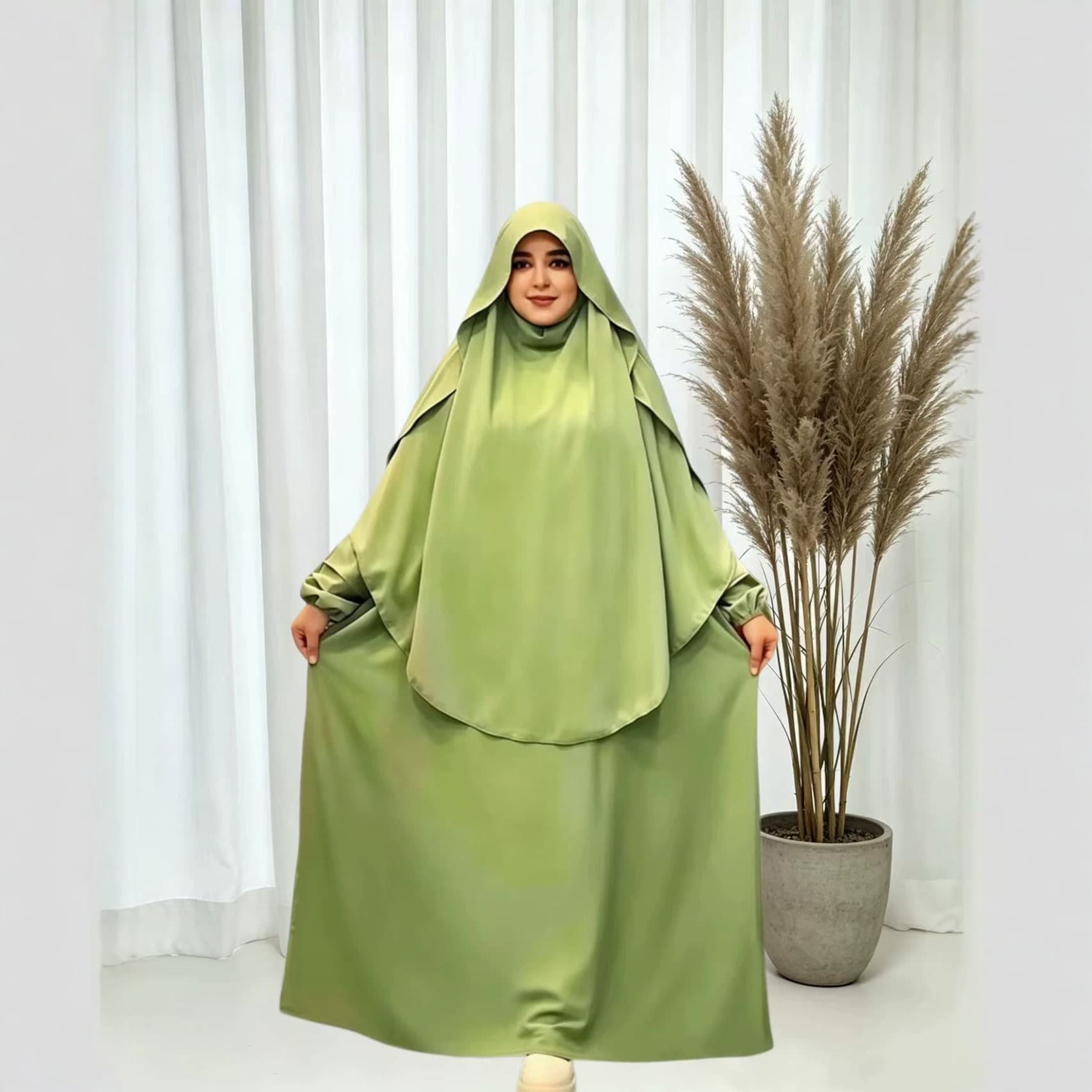 Cross-border Women's Robe Solid Color Pleated Sleeve Loose Round Neck Long Dress Headscarf Two-Piece Set Tall Size P404